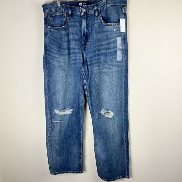 Gap Jeans Mens 34x30 Blue Distressed Baggy Denim NWT Straight Leg Medium Wash - Picture 1 of 10
